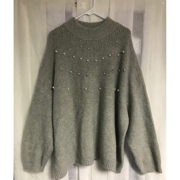 Maurices Sweaters - Maurices Gray Metallic Pearl Rhinestone Mock Neck Oversized Sweater Womens 3X